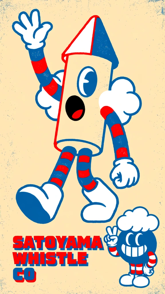 A vintage-style cartoon illustration features an anthropomorphic rocket character walking above stylized text and a small blue circular mascot against a textured beige background. The central figure is a tall, cylindrical rocket with a cream-colored body outlined in blue and red, topped by a conical cap divided into white and blue sections with a red border. Its face consists of a single large blue eye on the right and a wide-open black mouth revealing a red tongue, with two white, curly smoke-like appendages extending from its sides. The rocket has long, flexible limbs with blue and red horizontal stripes; its right arm is raised high with a four-fingered white gloved hand open in a greeting, while its left arm hangs down at its side. Short blue legs end in large, rounded white and blue boots, posed in mid-stride. In the bottom right corner, a small, spherical blue character with large white eyes and a wide grin wears a white puff of smoke resembling a chef's hat, making a peace sign with its right hand. Below the main character, the text "SATOYAMA WHISTLE CO" is written in a bold, blocky, geometric font. The words "SATOYAMA WHISTLE" are colored in red, while "CO" is in a contrasting deep blue, with the letters featuring slight irregularities and overlaps for a hand-drawn look. The entire scene is set against a solid, textured off-white background that resembles aged paper with subtle grain and small dark specks. The artistic style is reminiscent of mid-20th-century graphic design, characterized by bold outlines, a limited color palette of red, blue, and white, and flat 2D rendering with no cast shadows.