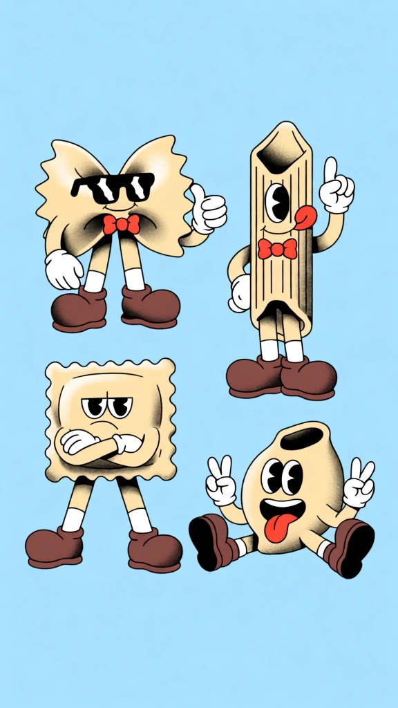Four anthropomorphic pasta characters with rubber-hose style limbs and expressive faces are arranged on a light blue background. In the top-left, a cream-colored farfalle character wears black sunglasses with star-shaped highlights, a red bow tie, white socks, and brown shoes. It gives a thumbs-up with its left hand while holding its right hand down. To its right, a tall, ribbed penne character stands with its tongue sticking out to the side, wearing white socks and brown shoes; its right arm is raised, pointing a finger upward. Below the farfalle, a triangular ravioli character with crimped edges has a grumpy expression with half-closed eyes and crossed arms. It wears white socks and large brown shoes, standing with its left leg slightly forward. In the bottom-right, a curved macaroni character sits with its legs spread wide, making peace signs with both hands. It has wide, starry eyes and its tongue lolls out of its open mouth. Each character is rendered in a vintage cartoon style with bold black outlines, simple shading, and white highlights, casting small black shadows directly beneath their feet on the solid, flat blue field.