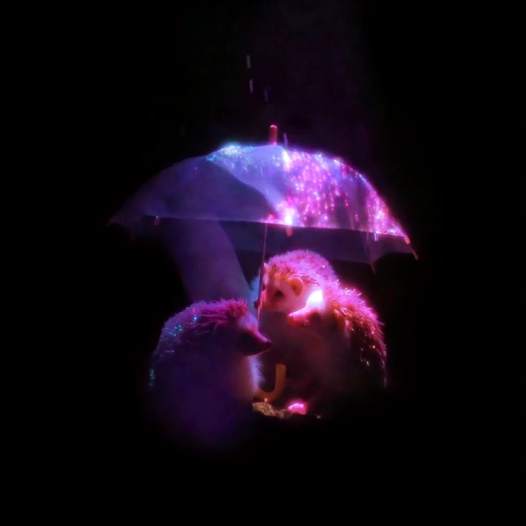 three small hedgehogs huddled under a translucent umbrella glowing with internal bioluminescent pink and violet light, set against an absolute black void, ethereal rain falling as streaks of soft-focus fiber-optic light, high-contrast chiaroscuro lighting, radiant magenta and cerulean blue bloom, dreamy and mystical atmosphere, soft-edged textures, glowing quills with subtle light nodes, ethereal noir aesthetic, cinematic rendering with heavy diffusion.