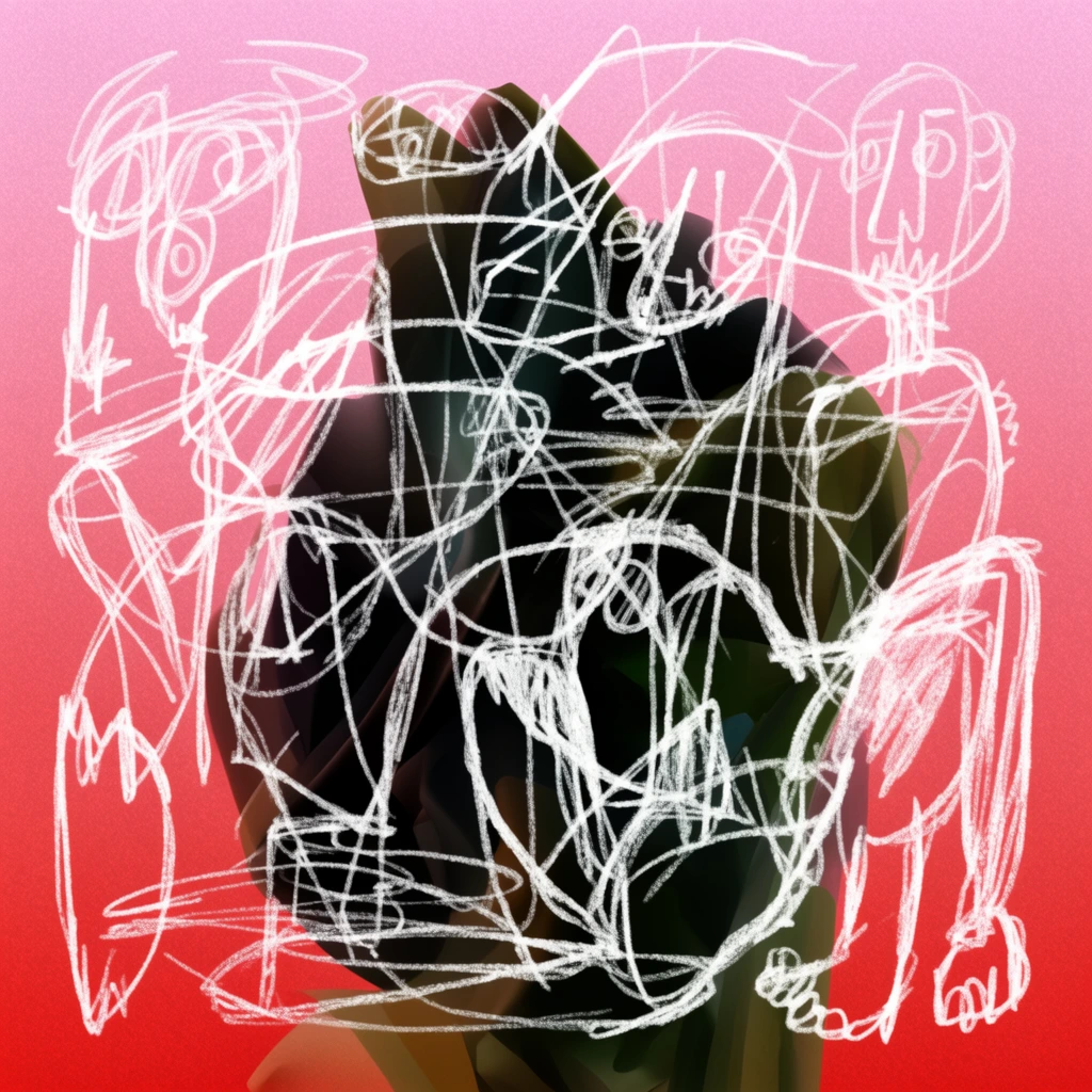 A dense tangle of rough white sketch lines overlays a dark, semi-volumetric abstract figure against a grainy pink-to-red gradient background. The frenetic white linework forms a complex web of overlapping, distorted shapes, including stylized heads and limbs, resembling rapid chalk scribbles. Behind this intricate cage, a central core of deep black, muted green, and brown tones provides a solid contrast to the energetic overlay. The composition blends raw, unpolished sketch elements with dimensional rendering, generating intense visual friction and layered complexity.