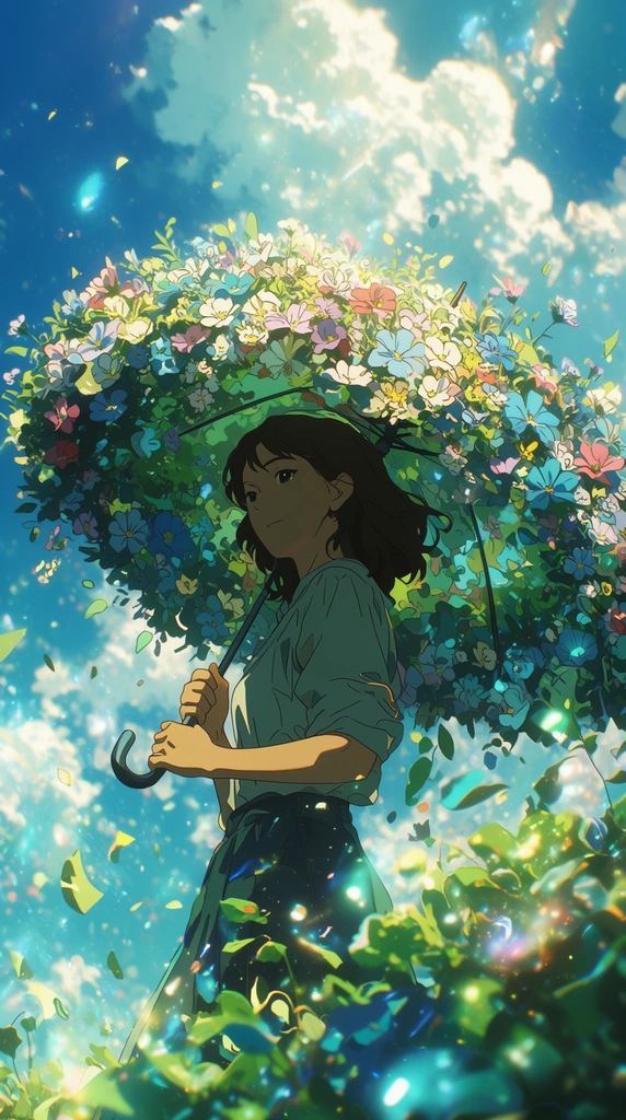 A woman holds an umbrella completely enveloped in blooming flowers, illustrated in a highly detailed, vibrant 2D anime art style. The woman stands centrally, gripping the handle of the densely packed floral canopy, viewed from a dramatic low-angle perspective looking up toward a brilliant, sunlit vivid blue sky filled with billowing, luminous white clouds. The color palette features hyper-saturated emerald greens, vivid cyans, and deep teals offset by warm golden daylight. Crisp, cel-shaded lighting defines the woman and flowers using sharp linework, smooth flat color fills, and bright rim highlights. Floating, glowing ethereal particles and stylized leaf fragments drift dynamically through the immediate foreground, catching the light. Glowing dappled light effects, luminous optical flares, and bright atmospheric scattering finalize the deeply vibrant, optimistic aesthetic characteristic of premium Japanese animation background art.