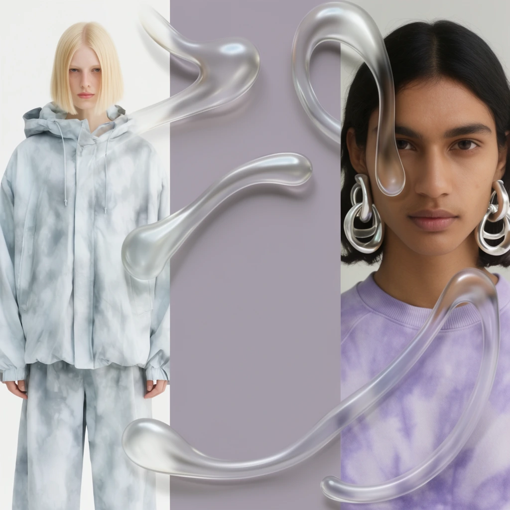 A vertical triptych composition blending contemporary fashion photography with 3D digital overlays. The left panel features a fair-skinned person with straight blonde bobbed hair wearing a voluminous, pale blue-grey tie-dye hooded jacket and matching trousers, standing against a stark white background. The central panel displays a solid, muted lavender-grey plane. The right panel is a close-up portrait of a dark-haired person with a medium complexion wearing a soft violet tie-dye crewneck sweatshirt and oversized, sculptural interlocking silver hoop earrings against a pale grey backdrop. Superimposed across the entire three-panel span are raised, glossy, translucent 3D liquid-like tubular blobs and curving shapes that resemble melted glass or metallic gel, casting subtle drop shadows on the underlying subjects and backgrounds. The lighting is soft, diffuse, and ethereal, highlighting the pastel color palette and contrasting the flat, studio-lit photography with the highly dimensional, reflective digital sculptural elements.