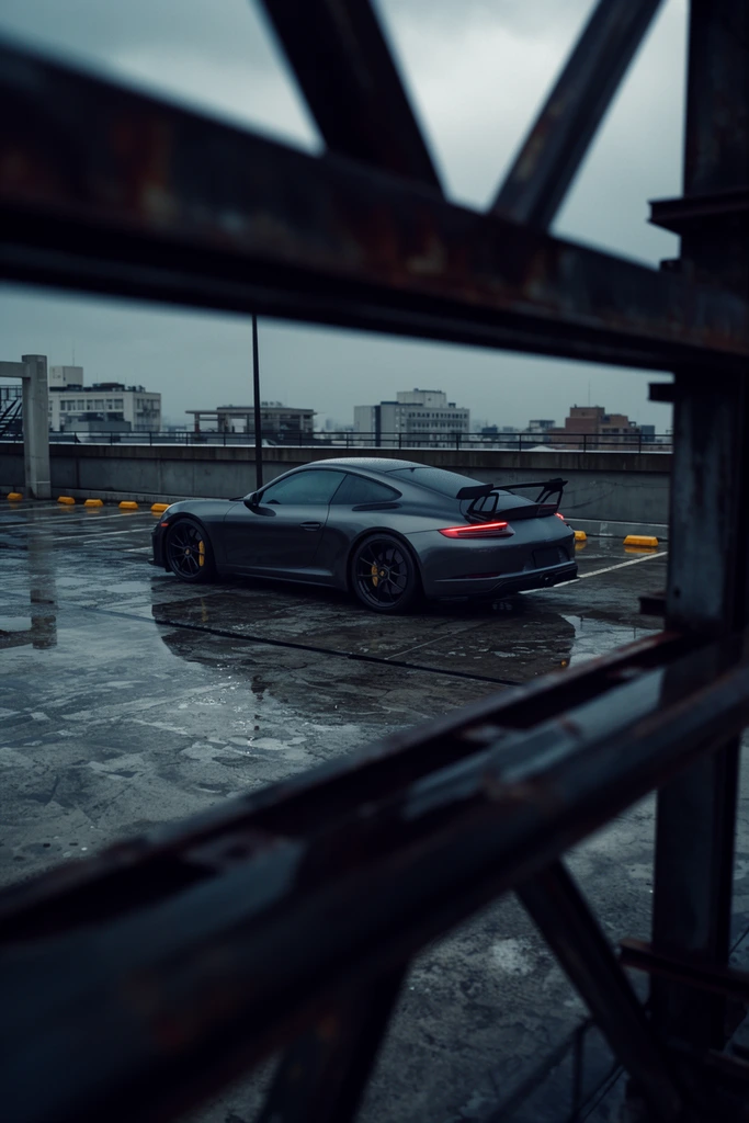 sleek dark grey sports car with prominent rear spoiler parked on a wet rooftop parking lot, glowing red taillights, yellow brake calipers, framed through heavily blurred dark rusted metal architectural scaffolding in the extreme foreground, reflective puddles on textured concrete, yellow parking blocks, industrial urban rooftop, distant city buildings under an overcast grey sky, cinematic composition, deep depth of field, photorealistic, moody atmospheric lighting, cold color grading