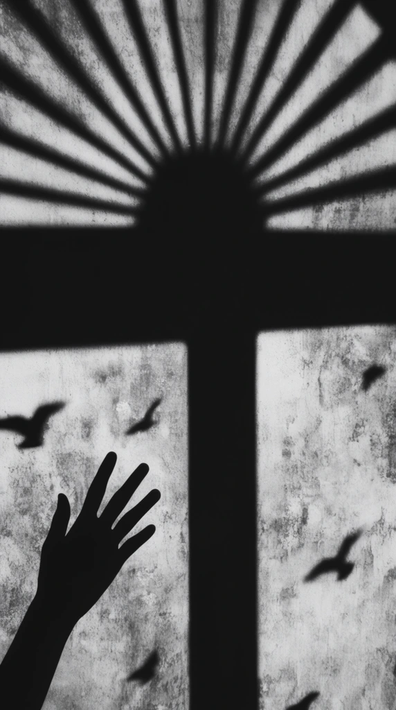 A high-contrast black and white photograph dominated by stark, graphic shadows cast against a mottled, textured surface. Thick black intersecting bands divide the composition, topped by a semi-circular shadow radiating outward in a prominent sunburst pattern. In the lower left pane, the sharp silhouette of a hand with spread fingers reaches upward. Small, distinct dark silhouettes resembling birds or floating debris hover within the lighter, grunge-textured rectangular spaces, creating a moody, abstract interplay of light and dark architectural geometry.