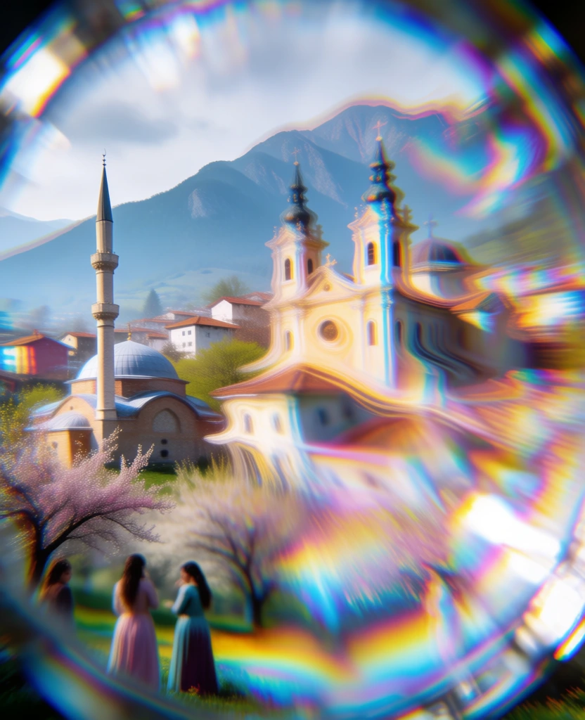 ethereal town at a mountain base, through a thick refractive prism with heavy chromatic aberration, mosque minaret and multi-towered church as blurred vertical light-streaks, hillside buildings melting into iridescent washes of gold and rose, three women and blooming trees as soft bokeh silhouettes, birds as tiny dark flickers, winding path lost in pearlescent light, dreamy out-of-focus impressionist rendering, high-key glow, prismatic distortion, melting textures, light leaks.