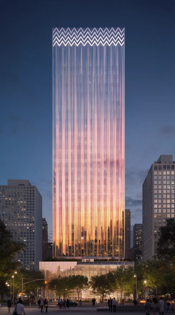 A towering rectangular skyscraper dominates an urban skyline at twilight, featuring a fluted glass facade with vertical ridges that reflect a vibrant gradient of pink, orange, and gold sunset light. The flat roofline is accented by a prominent white chevron pattern. The central tower rises from an illuminated glass podium, flanked by shorter grey high-rises with lit grid windows. The foreground features a street plaza dotted with silhouetted pedestrians, glowing streetlights, and lush green trees. This photorealistic architectural rendering uses central framing against a deep blue evening sky to emphasize the radiant, pleated surface of the main structure.