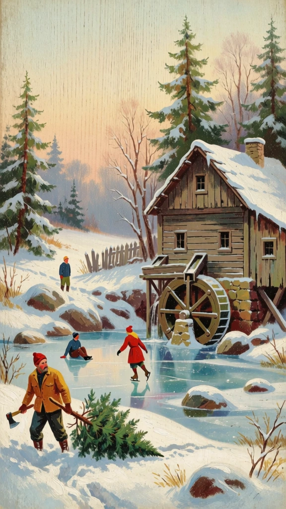 A vintage-style painting depicts a serene winter landscape with figures ice-skating on a frozen pond next to a snow-covered wooden watermill. In the lower-left foreground, a man dressed in a yellow-orange jacket, dark trousers, and a red knit cap walks through the snow, holding an axe in his right hand and dragging a green evergreen tree behind him. On the frozen blue and white surface of the pond, several figures are engaged in winter activities: one person in a bright red coat and hat skates towards the center, another figure in blue sits on the ice to the left, and two more figures are positioned near the snowy bank further back. A rustic, two-story wooden mill with a snow-laden gabled roof and two dark windows stands on the right bank, featuring a large, dark wooden water wheel attached to its stone foundation. The mill is surrounded by snow-dusted ground and large, rounded grey rocks. A weathered wooden picket fence runs partially along the far edge of the pond. In the background, tall green coniferous trees rise towards a pale, hazy sky that transitions from a soft yellow-orange at the top to a muted grey-blue near the horizon. Bare, thin branches of deciduous trees frame the scene in the foreground and along the right edge. The artwork has a distinct painterly texture with visible vertical grain, reminiscent of a classic illustration on canvas. The lighting is soft and warm, coming from the upper right, casting gentle shadows and highlighting the snowy textures. The color palette is a mix of cool whites and icy blues contrasted by the warm browns of the wooden mill, the vibrant reds and oranges of the people's clothing, and the golden hues of the winter sky.