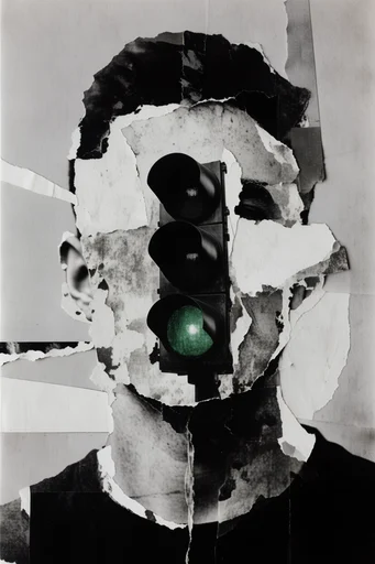 Fragmented Monochrome Collage style reference image — high-contrast monochrome