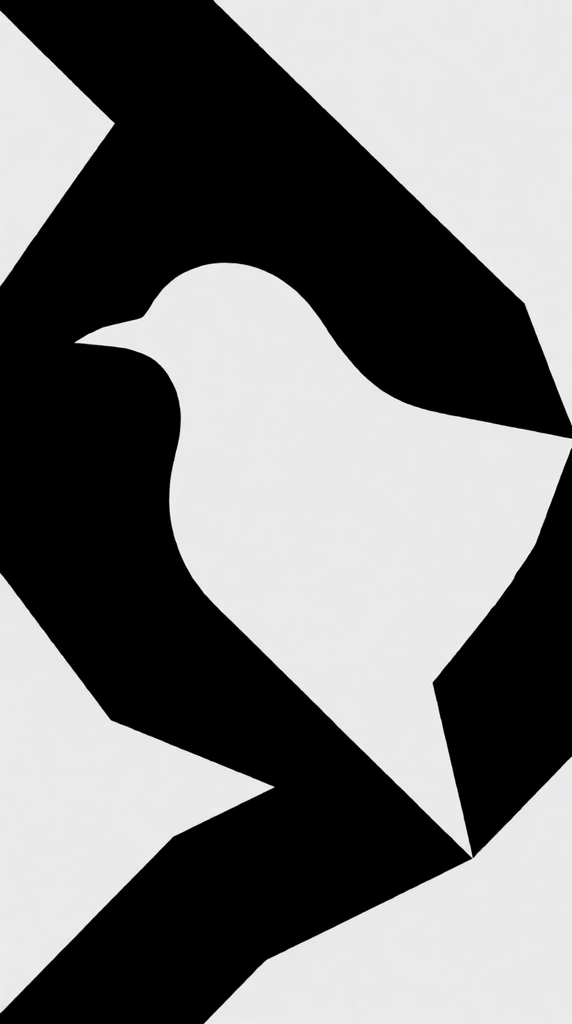 A minimalist black geometric composition on a light gray background uses stark negative space to reveal the sleek silhouette of a bird facing left. Thick, flat, sharply angled black polygonal ribbons curve around the central void, creating a bold, high-contrast optical illusion in a crisp, modernist graphic style.