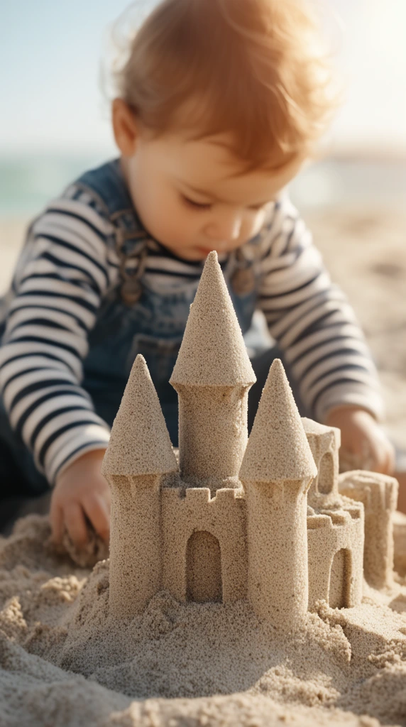 detailed sandcastle with conical turrets in sharp focus, softly blurred toddler in striped shirt and overalls shaping sand, bright sunny beach, warm sunlight, shallow depth of field