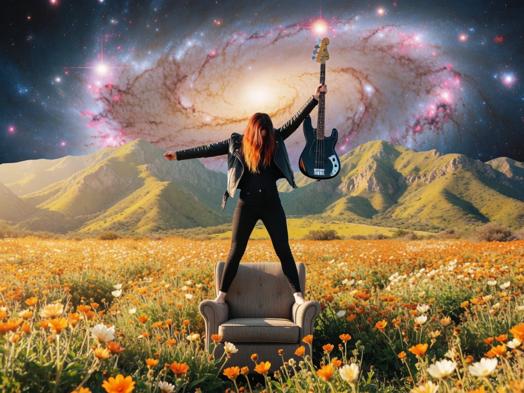 A woman stands triumphantly on a gray upholstered armchair in the middle of a vast field of orange and white wildflowers, holding a black bass guitar aloft against a backdrop of mountains and a cosmic galaxy. The central figure has long, reddish-brown hair that obscures her face as she stands with her feet wide apart on the chair's armrests. She wears a black leather biker jacket and tight black pants, raising the guitar in her right hand toward the sky while extending her left arm outward. The armchair is positioned in the center of a dense meadow of blooming flowers that transitions into a range of sunlit, rugged green mountains in the mid-ground. Above the mountain ridge, the sky is replaced with a surreal, high-resolution image of a spiral galaxy featuring a glowing golden center and surrounding clusters of stars and nebulae in hues of pink, blue, and white. This digital collage employs a centered composition and a straight-on eye-level perspective. The lighting is a blend of bright, warm sunlight illuminating the terrestrial scene from the left and the ambient glow of the celestial background. The color palette is highly saturated, contrasting the earth tones of the meadow and mountains with the deep, sparkling colors of the deep space environment.