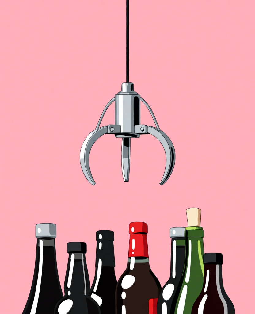 A metallic claw crane with three curved, silver prongs hangs from a thin vertical black cable against a solid, flat, light pink background. The claw's cylindrical base and curved arms feature grey and white highlights, giving it a polished metal appearance. Positioned directly below the hovering claw is an assortment of glass bottles clustered together, with only their necks and upper bodies visible. The bottles vary in shape and color, including dark, nearly black bottles with silver or black screw caps, a bottle with a prominent red foil capsule, and a green glass bottle with a light-colored cork partially protruding from its neck. Each bottle displays sharp, bright white highlights that mimic reflections on their smooth surfaces. The bottles are arranged in a horizontal row with overlapping depths and varying heights. The digital illustration employs a clean, graphic style with bold outlines and a minimalist composition, focusing on the relationship between the mechanical claw and the collection of bottles. Lighting appears uniform across the scene, though the highlights on the objects provide a sense of three-dimensional form.