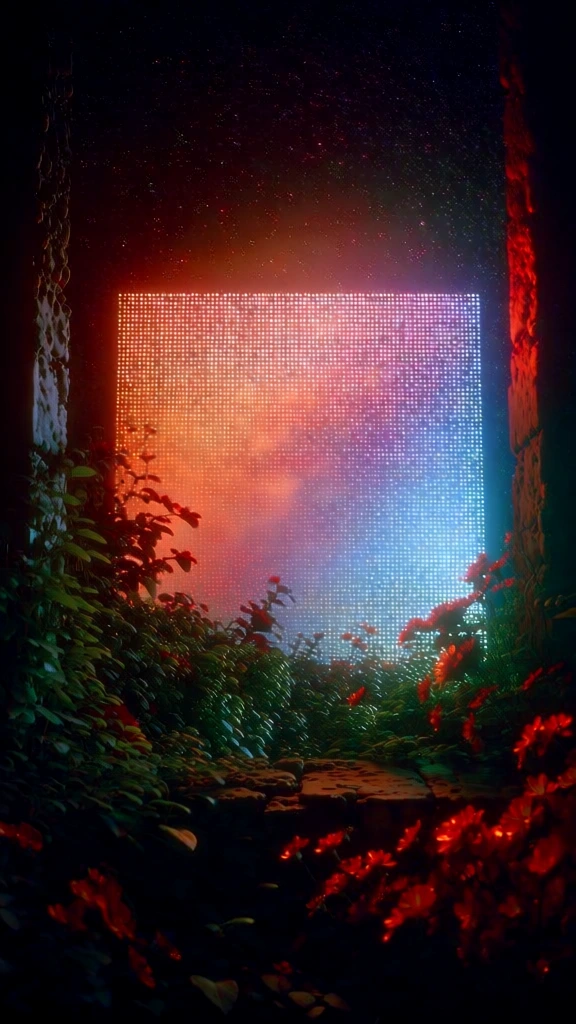 surreal cinematic cgi aesthetic, massive glowing square led pixel grid centered against a dark starry night, vibrant red-to-cool-teal gradient glow, foreground features a weathered stone windowsill overgrown with lush green plants and vibrant red flowers silhouetted against the screen, moody high-contrast shadows, ethereal atmosphere, fine stone textures, soft volumetric light spill, digital surrealism, photorealistic rendering, dreamy synthwave vibes, wide composition