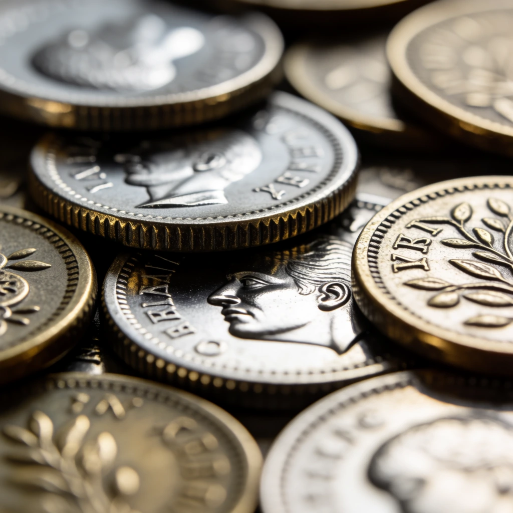 extreme macro photography of overlapping metallic coins, scattered silver and brass circular discs, textured ridged edges, intricate embossed portrait and botanical motifs, shallow depth of field, soft diffused lighting reflecting off polished surfaces