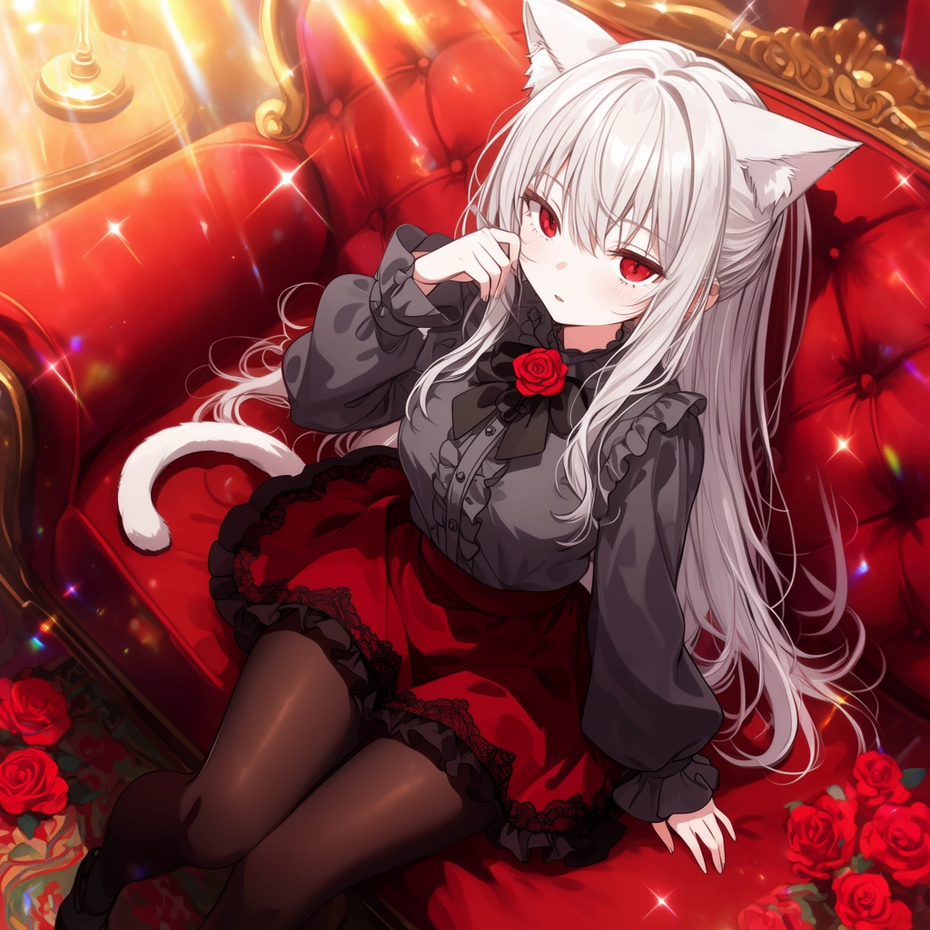 anime illustration of a silver-haired catgirl with white ears and tail, red eyes, dark grey ruffled blouse, red skirt with black lace, sitting on a red tufted velvet sofa, hand near face, red rose brooch, dark tights, red roses on the floor, warm luminous lighting, sparkling lens flares, high-angle perspective