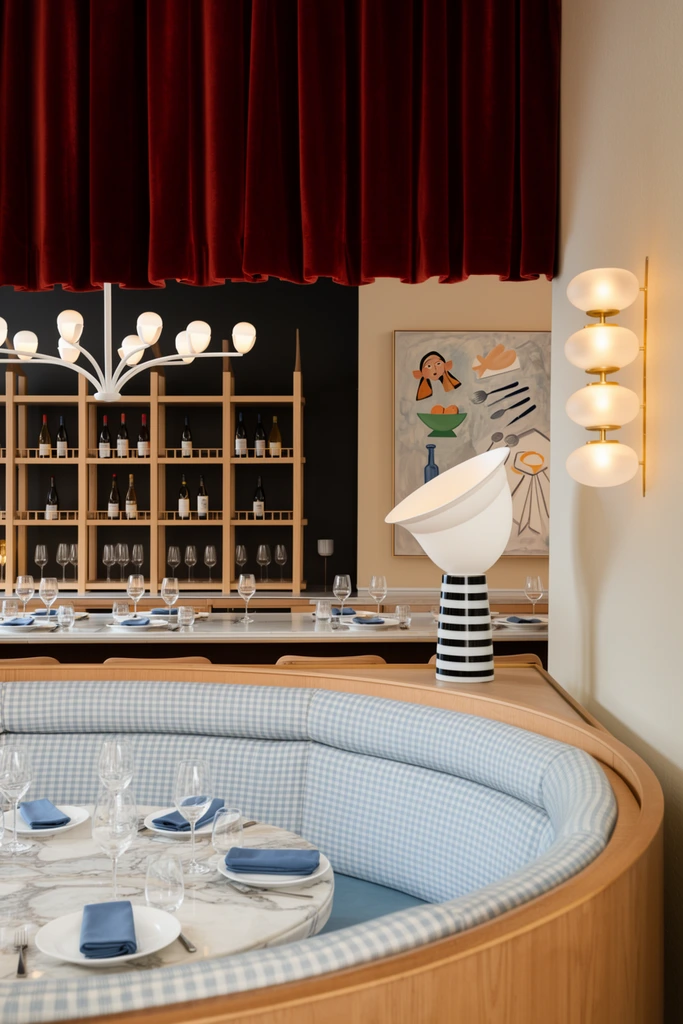 A sophisticated restaurant interior features a curved wooden banquette with light blue and white checkered upholstery wrapping around a round marble dining table set with white plates, blue napkins, and wine glasses. Behind the banquette, a long counter is set with multiple place settings. A striking modern lamp with a black-and-white striped base and a white, shell-like shade rests on the counter. In the background, a light-colored wooden shelving unit displays wine bottles and glasses against a dark wall. A large, abstract painting with stylized figures and utensils hangs on the wall to the right. A deep red, velvety curtain hangs from the ceiling, partially obscuring the upper portion of the room. Two light fixtures are visible: a white, minimalist chandelier over the counter and a brass fixture with three stacked, frosted glass globes on the right wall. The lighting is warm and inviting.