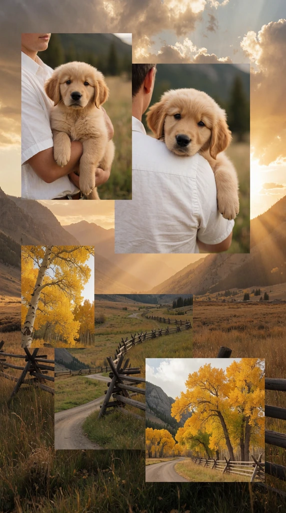 geometric photo collage of overlapping rectangular panels, fluffy golden retriever puppy held by a person in a white shirt, portrait of the puppy resting its head over a shoulder, dramatic landscape backdrop of grassy plains and mountains under a golden hour sky with sun rays, rural valley with a winding road and wooden split-rail fence, inset squares of vibrant yellow autumn tree canopies, nostalgic scrapbook aesthetic, warm earthy colors, varied photography perspectives
