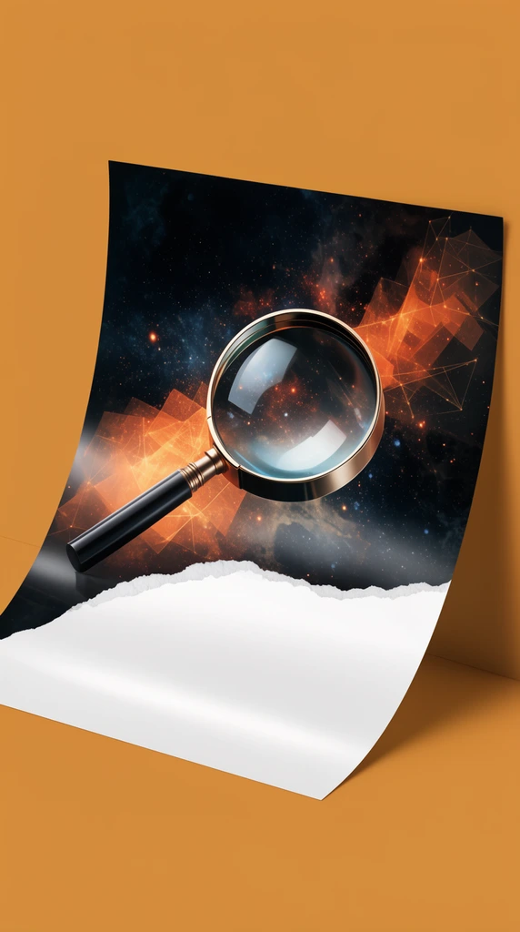 A glossy rectangular flyer leans diagonally against a solid ochre backdrop, its corners curling slightly. The graphic features a metallic magnifying glass with a black handle over a dark cosmic background and warm orange geometric light bursts. A torn paper effect divides the dark upper design from a stark white lower section. Soft lighting casts subtle drop shadows, emphasizing the paper's gentle curve.