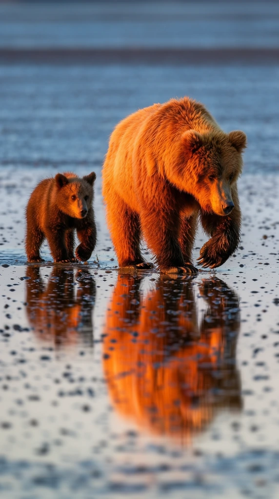 An adult brown bear and a small cub walk across a shallow, mirror-like expanse of water illuminated by golden hour sunlight. The massive adult leads on the right, its thick, shaggy fur glowing with intense warm orange light, head lowered and front paw lifted mid-step. A smaller, darker brown cub follows closely behind on the left. Both animals cast flawless, vibrant reflections on the smooth, glassy mudflat beneath them, which is textured with scattered dark pebbles. Captured from a low camera angle with a telephoto lens, the wildlife photography contrasts the brilliantly lit, fiery fur of the bears against a soft, blurred background of cool steely blue water.