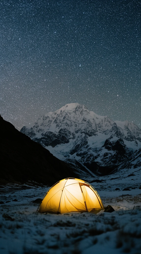 A glowing yellow dome tent rests in a snowy alpine landscape beneath a vast night sky densely packed with stars. The warm internal illumination creates a striking contrast against the dark, cool terrain. A massive, snow-capped mountain peak dominates the background, framed by a dark, silhouetted ridge on the left. Long exposure astrophotography highlights the brilliant night sky and the rugged, remote wilderness.