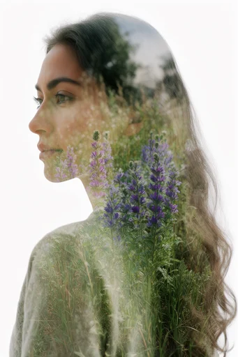 Minimalist Surrealist Montage style reference image — double exposure