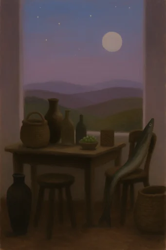 Mystical Folk Surrealism style reference image — oil on canvas texture