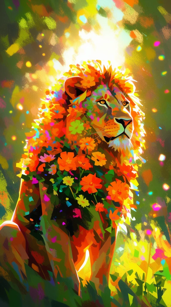 A lion whose entire form is completely composed of densely packed blooming flowers, rendered in a highly vibrant, impressionistic digital painting style with thick, flat, graphic brushstrokes. The floral shapes defining the lion's mane and body are painted as bold, sharp-edged, geometric dabs of intensely saturated color, featuring fiery neon oranges, warm golden yellows, bright chartreuse, and deep forest greens, accented by scattered flecks of cyan and vivid magenta. Intense, dappled sunlight streams from behind the subject, creating a brilliant, blown-out, luminous glowing light source in the central background that bathes the floral lion in radiant backlighting. Strong, glowing rim lights highlight the outer edges and contours of the flowers. The surrounding environment consists of abstract, heavily textured strokes forming a lush, sun-drenched atmosphere, characterized by high-contrast color blocking, visible digital impasto textures, stippled shadows, and scattered, glowing optical light shapes floating suspended in the brightly illuminated air.