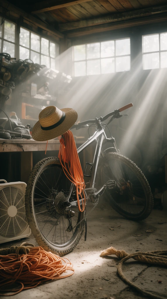 Dusty garage interior, dramatic volumetric god rays streaming from high windows, mountain bike draped with orange cord and straw hat, white fan, coiled rope, cinematic