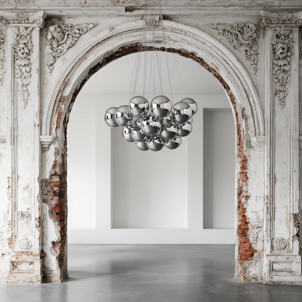 modern cluster chandelier of reflective silver chrome spheres suspended on thin wires, centered within a deeply distressed classical archway, crumbling white plaster with ornate reliefs revealing raw red brick, framing a pristine minimalist background room, stark white walls with clean geometric niches, smooth polished grey concrete floor, stark architectural juxtaposition of historical decay and sleek contemporary design, soft diffused natural lighting, symmetrical interior photography