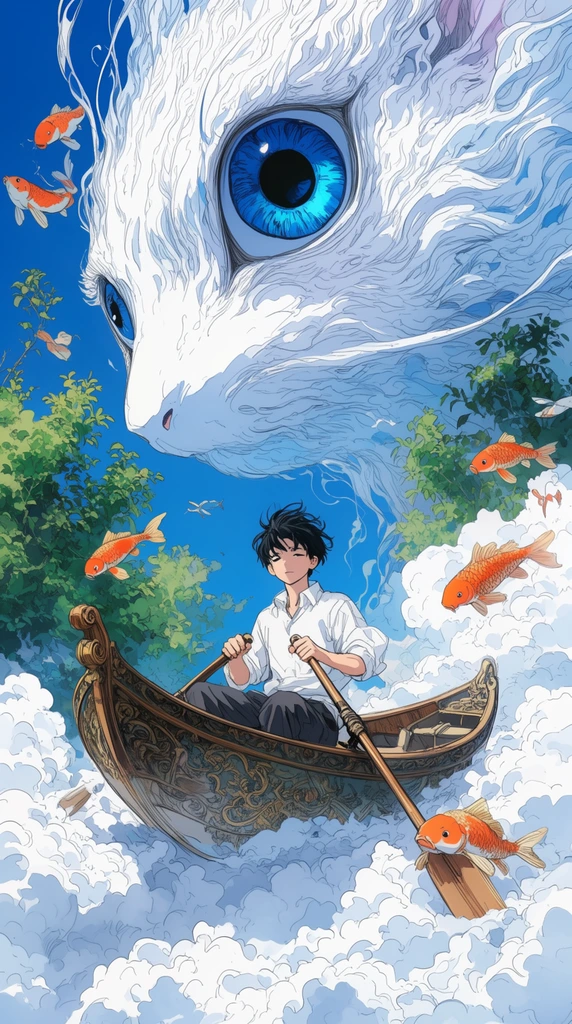 surreal anime art, young man rowing an ornate boat through white clouds, giant ethereal white creature with one massive blue eye looming above, flying orange koi fish, floating green foliage, blue sky, detailed line art