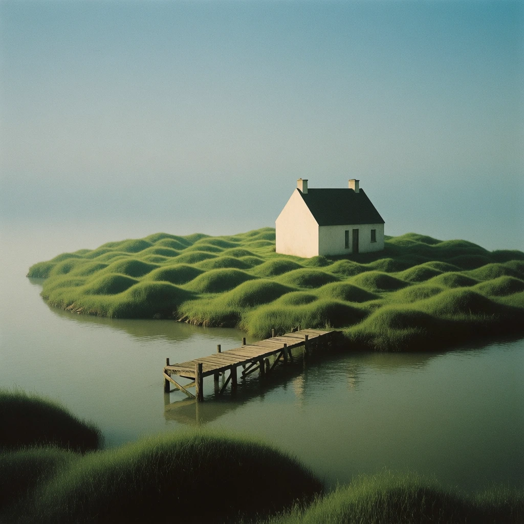 surreal wide shot, minimalist house on a small island of undulating hummocky green grass, weathered wooden pier extending into still calm water, soft diffused natural daylight, muted organic color palette of sage and deep greens, soft film grain, analog photography style, dreamlike liminal space, fine grass textures, minimalist composition, serene and ethereal mood, vintage lens quality, desaturated tones, whimsical cinematic aesthetic