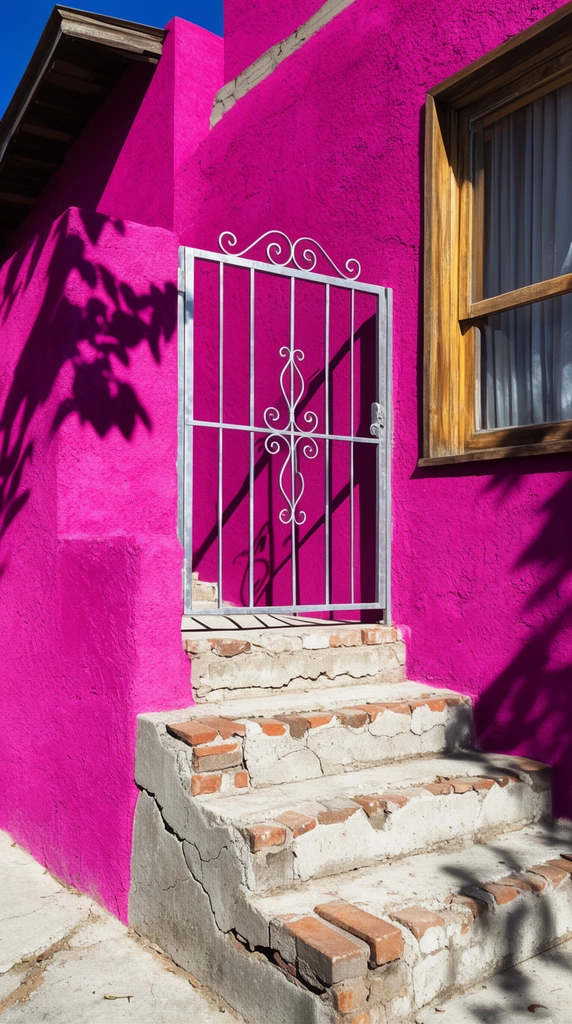 Vibrant magenta stucco facade, cracked concrete and brick stairs, silver metal gate with scrollwork, wooden window frame, sharp foliage shadows, bright sunlight