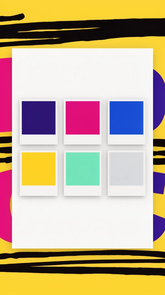 A crisp white rectangular presentation board sits centered against a vibrant pop-art background. On the board, a two-by-three grid of square color swatches is arranged like classic paint chips, elevated by subtle drop shadows. The top row features squares of deep indigo, vivid magenta, and bright cobalt blue. The bottom row displays sunny yellow, bright mint green, and pale silver-gray. Each swatch is framed by a white border with a wider bottom margin. The surrounding background is predominantly bright yellow, horizontally intersected by thick, uneven black marker strokes. Large, abstract, oversized geometric shapes in magenta and indigo peek out from behind the edges of the central white board, providing a bold, high-contrast graphic frame.