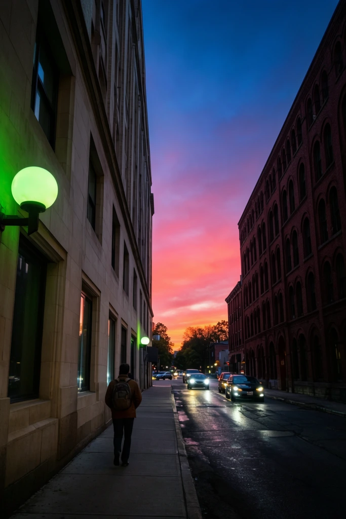 A dramatic urban street view framed by towering buildings under a vibrant sunset sky. On the left, a light beige stone building features large rectangular windows and a glowing green spherical streetlamp in the foreground. A pedestrian wearing a brown jacket and backpack walks away down the concrete sidewalk. On the right, a dark red brick building with repeating arched windows lines the narrow street. The sky above displays a striking color gradient, transitioning from deep twilight blue at the zenith to fiery pink and orange near the horizon. The damp asphalt street reflects the bright headlights of several oncoming cars driving toward the viewer. The photographic composition utilizes a strong one-point perspective, drawing the eye down the shadowed urban canyon toward the glowing horizon and distant silhouettes of trees.