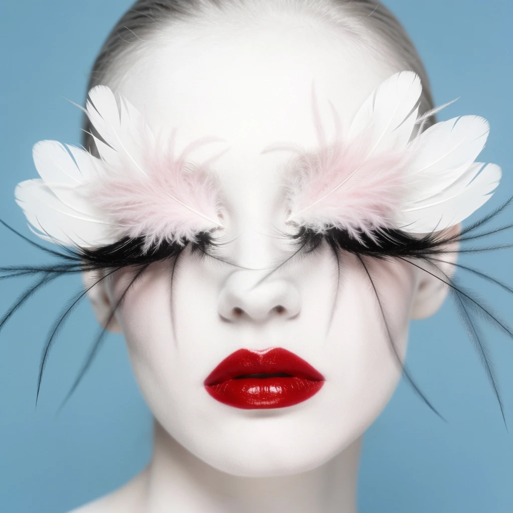 A close-up portrait of a person with extremely pale skin features oversized, feathered eyelash extensions and vibrant red lips against a solid blue background. The individual's face is centered, with skin rendered in a high-key, nearly monochromatic white tone. Large, ornate eye adornments completely obscure the eyes, consisting of broad, petal-like white feathers on the outer edges and soft, light pink downy feathers towards the center. Long, thin, spindly black feather quills radiate outward from the lash lines, extending across the cheeks and forehead. The lips are painted with a glossy, intensely saturated deep red lipstick that stands out sharply against the pale complexion. The hair is pulled back tightly from the forehead, appearing smooth and light in color. The subject is positioned against a matte, light blue background that fills the entire frame. The composition is a tight, vertical headshot with a slightly soft focus, creating a surreal and artistic aesthetic. Lighting is bright and diffuse from the front, minimizing shadows and texture on the skin while emphasizing the saturated colors of the lips and the delicate textures of the feathers.