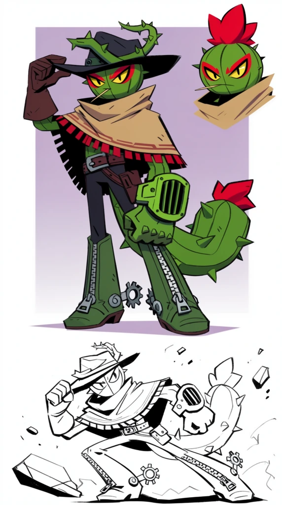 A stylized, anthropomorphic cactus character in western attire stands confidently in a character design sheet. The central figure features a round green ridged head, sharp yellow eyes with red markings, and a toothpick in its mouth. A dark wide-brimmed hat pierced by a spiked vine sits on its head. The character wears a tan poncho with red and black fringes, a dark bodysuit, and green boots adorned with prominent metal zippers and gear-shaped spurs. Its left arm ends in an oversized mechanical green gauntlet with a vented grill, while the right hand tips the hat. A thick, spiked green tail with a red tuft curls behind. The white background features a pale purple rectangle. To the upper right, a colorful bust portrait highlights the unhatted head and its prominent red crest. Below, a dynamic black-and-white sketch depicts the character lunging amid flying debris. The artwork utilizes bold black outlines, flat vibrant cel shading, and exaggerated angular proportions.