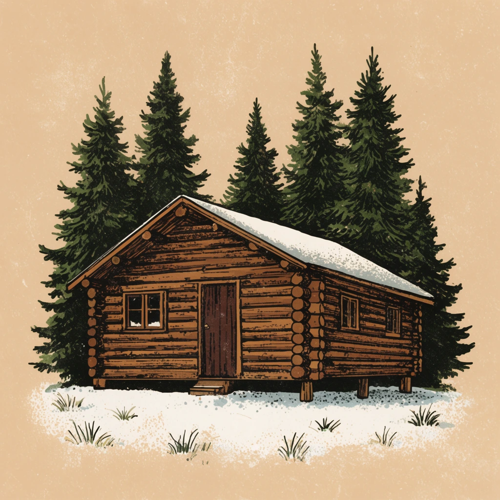 rustic wooden log cabin surrounded by tall dark green pine trees, vintage illustration style, snow-covered ground with sparse grass tufts, light brown horizontal logs, dark brown wooden door, small windows, cabin elevated on short posts, warm pale beige textured background, distressed retro aesthetic, hand-drawn ink style, stippled shading, earthy color palette, outdoorsy nature scene, flat composition