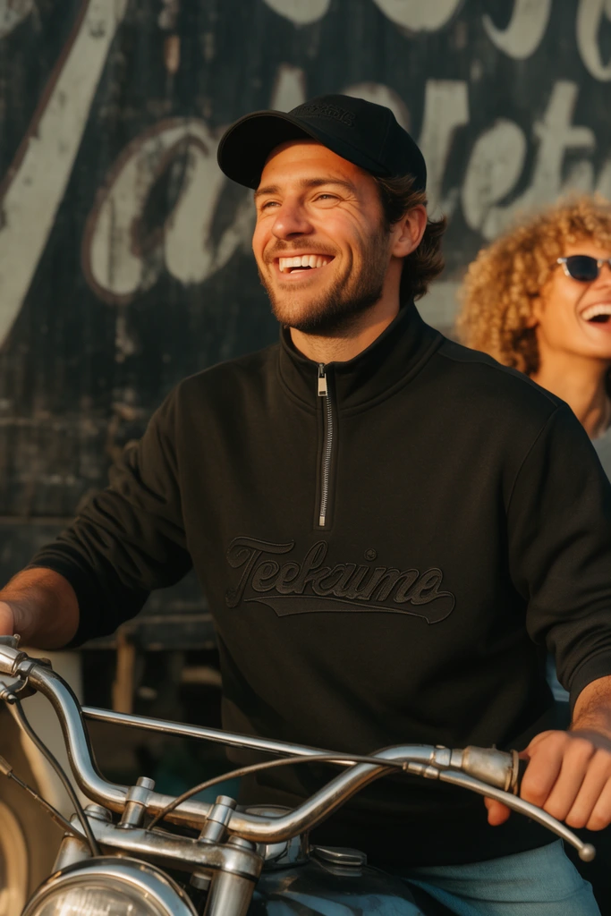 smiling man holding vintage motorcycle handlebars, black quarter-zip pullover with tonal embossed details, black baseball cap, looking off-camera laughing, warm golden hour sunlight illuminating his face, blurred background showing a laughing person with curly hair and sunglasses, dark weathered backdrop with faded painted graphics, lifestyle photography, shallow depth of field, casual aesthetic, cinematic warm lighting