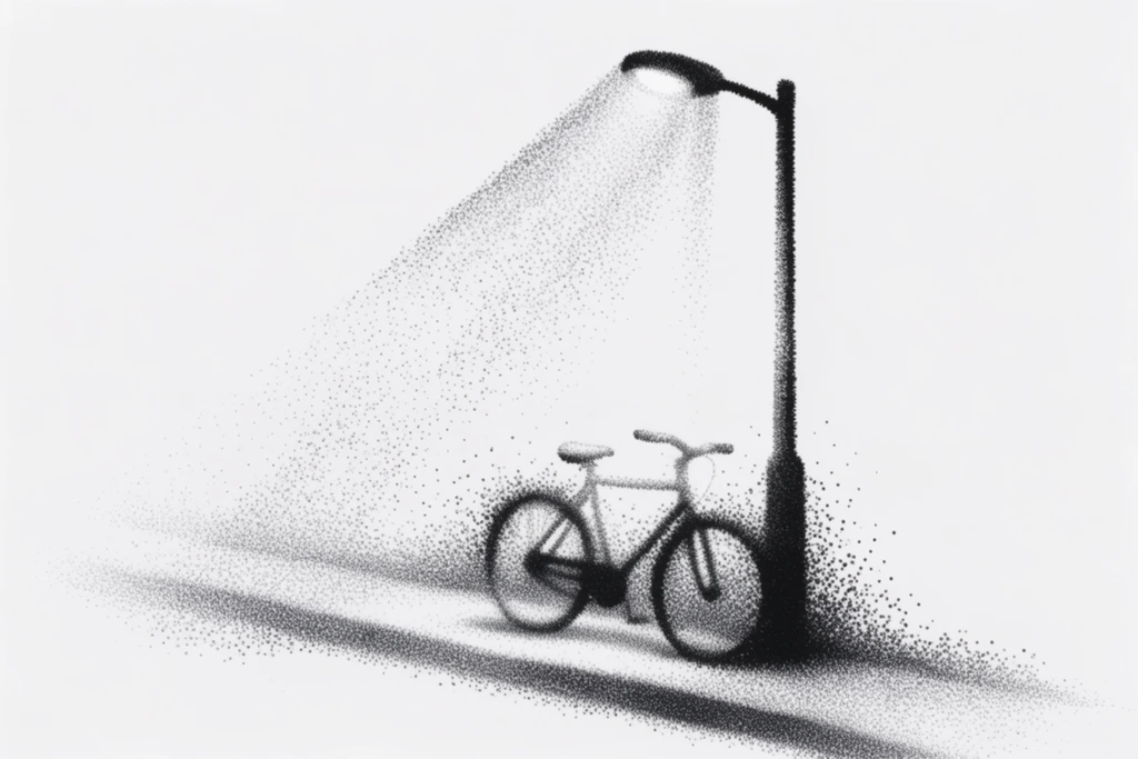 A street lamp stands on the right side of a raised pathway, its structure rendered entirely through densely packed, monochromatic black stippling. A bicycle is parked on the pathway beside it, its form built from a concentrated swarm of microscopic black dots that transition into loose, grainy particles along the outer edges. A beam of light shines downward and to the left from the lamp, visually defined by sweeping, algorithmic trails of dispersed black specks mapping the atmospheric volume. The partially illuminated bicycle displays a steep gradient of dot density, shifting from solid black clusters in the shadowed areas to sparse, floating dots where the light strikes. The scene is executed in a strict black-and-white palette simulating generative particle art and fine ink pointillism. The background is a stark, pure white, plain expanse, providing extreme contrast that highlights the fuzzy, particulate silhouettes and the sweeping dispersion of dots defining the lighting and structural forms.