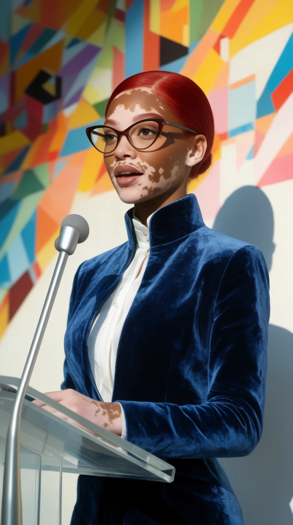 A young woman with sleek red hair and cat-eye glasses speaks at a podium. Her skin features striking vitiligo patches. She wears a high-collared blue velvet jacket over a white blouse. A sleek silver microphone stands before her. The background is a brightly lit wall with a colorful, abstract geometric mural. Her crisp silhouette casts a distinct shadow on the vibrant wall. Bright, modern lighting highlights the rich texture of her velvet attire.