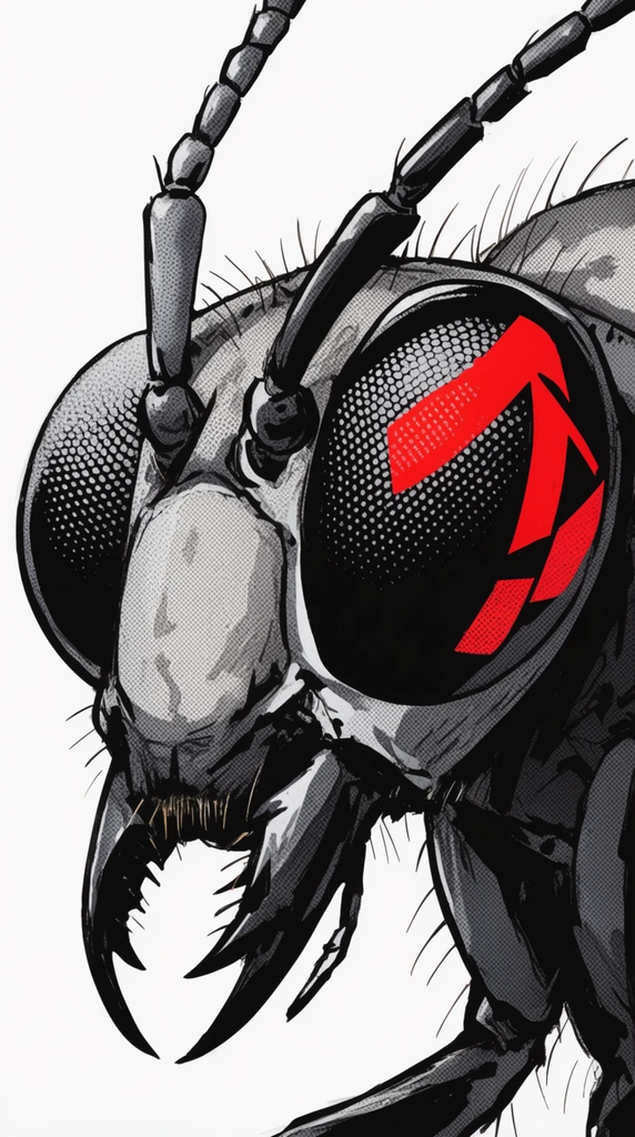 stylized comic book illustration of an insect head, heavy black ink outlines, greyscale halftone dot shading, segmented antennae, large bulbous compound eyes, bold red geometric marking on the right eye, sharp mandibles, pop art screentone effect, pure white background