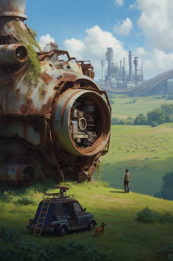 Overgrown Industrial Solarpunk style AI image example 2
