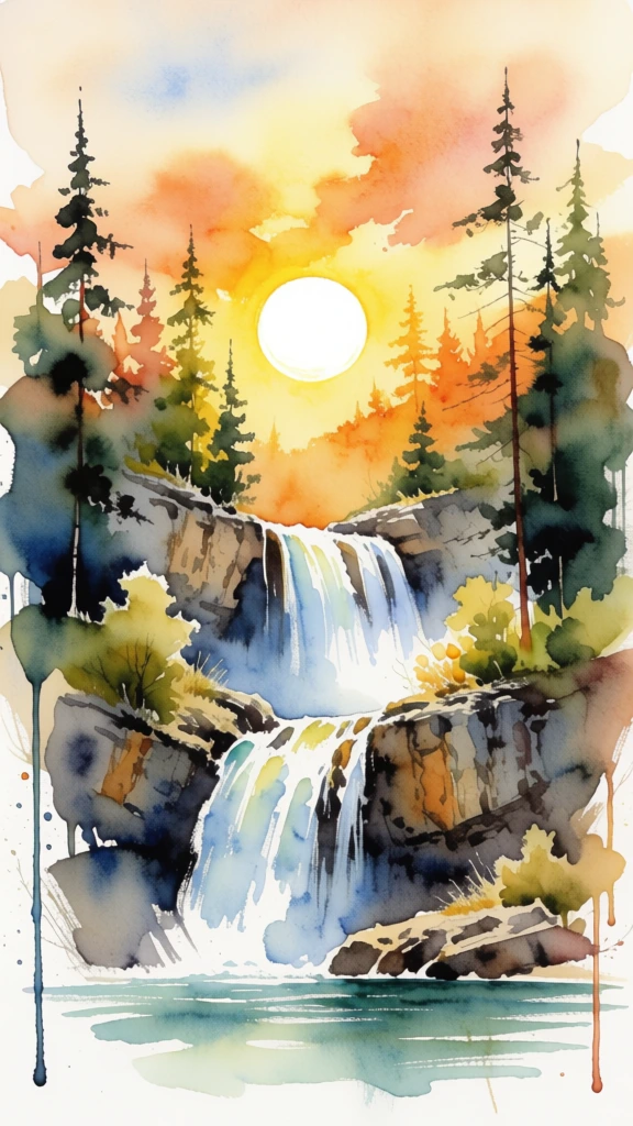 A vibrant watercolor illustration depicts a multi-tiered waterfall cascading through a rocky forest landscape under the glow of a large, brilliant sun. At the center, the bright white sun hangs low in a sky filled with soft orange, yellow, and peach-colored clouds, casting a warm golden light over the entire scene. Two main tiers of the waterfall are visible, with the water rendered in streaks of white and light blue, flowing over rugged, textured grey and brown rock formations. Tall, slender evergreen trees frame the composition on the left and right, their dark green and black needles silhouetted against the bright background. Smaller trees and shrubs in shades of yellow-green and ochre cling to the rocky ledges surrounding the falls. At the base, the water settles into a calm, teal-colored pool with gentle horizontal brushstrokes. The artwork is characterized by its painterly style, featuring visible brushwork, soft color transitions, and stylistic vertical drips of dark pigment on the left and right edges, all set against a clean, white background that bleeds into the edges of the illustration.