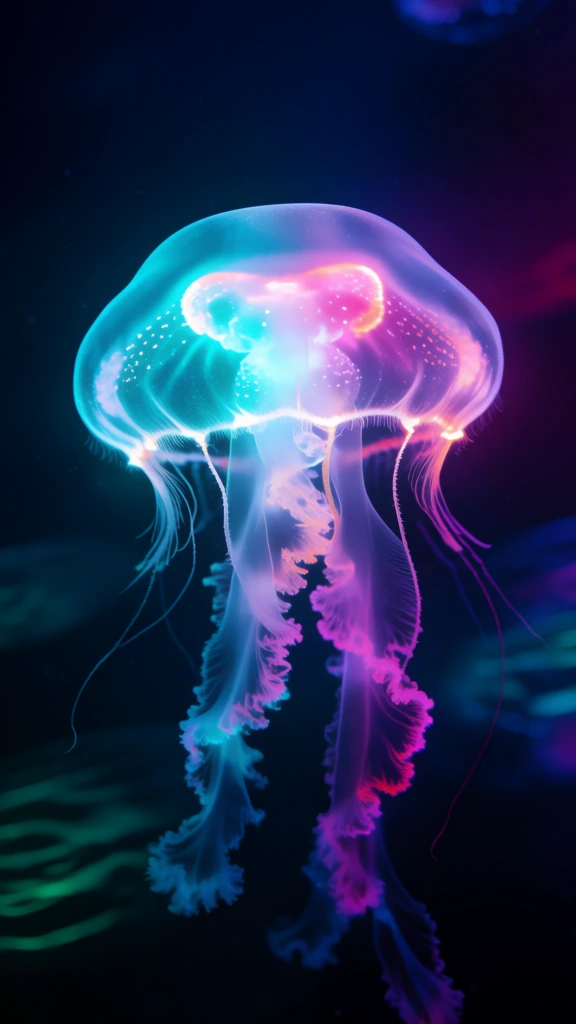 A bioluminescent jellyfish glows brilliantly with cyan and magenta light while floating in a dark, deep-sea environment. The jellyfish's translucent bell is the focal point, with its core emitting an intense turquoise radiance on the left that transitions into a vibrant pink and magenta hue on the right. Inside the bell, delicate, luminous structures and small white speckles are visible through the transparent outer layer. A thin, clear membrane surrounds the glowing core, forming a rounded outer silhouette. Long, spindly tentacles and wispy oral arms descend from the bell, appearing as fine white lines and clusters of smoky purple and magenta light that trail downwards into the depths. The surrounding environment is a dark navy blue, nearly black, with faint, blurry ripples of teal and dark green light appearing in the lower corners. The composition is centered, emphasizing the ethereal and radiant nature of the creature against the void of the water. The lighting originates entirely from the jellyfish itself, casting a soft, colored glow on the immediate surrounding water and creating a high-contrast, dreamlike aesthetic.