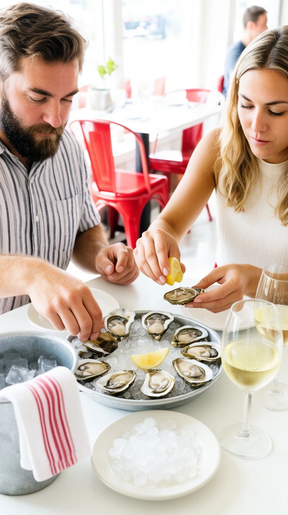 A bearded man in a striped shirt and a woman in a white sleeveless top eat oysters at a bright white restaurant table. A central metal platter holds oysters on ice. The woman squeezes a lemon over a shell while the man reaches for another. Two glasses of white wine, an ice bucket draped with a red-striped towel, and a small plate of crushed ice sit on the table. High-key natural light floods the scene, creating a shallow depth of field that softly blurs distant red chairs and a patron in the background.