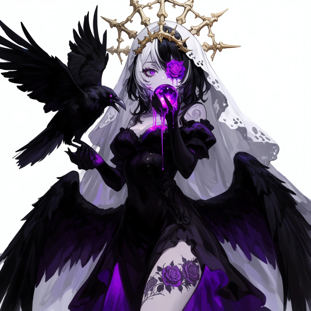 dark fantasy anime illustration, pale woman with black and white hair, golden bone crown, white veil, glowing purple rose replacing left eye, holding a black raven, consuming a glowing purple orb, dripping magenta fluid, black wings, dark gothic dress, rose thigh tattoo, white background, vibrant purple accents