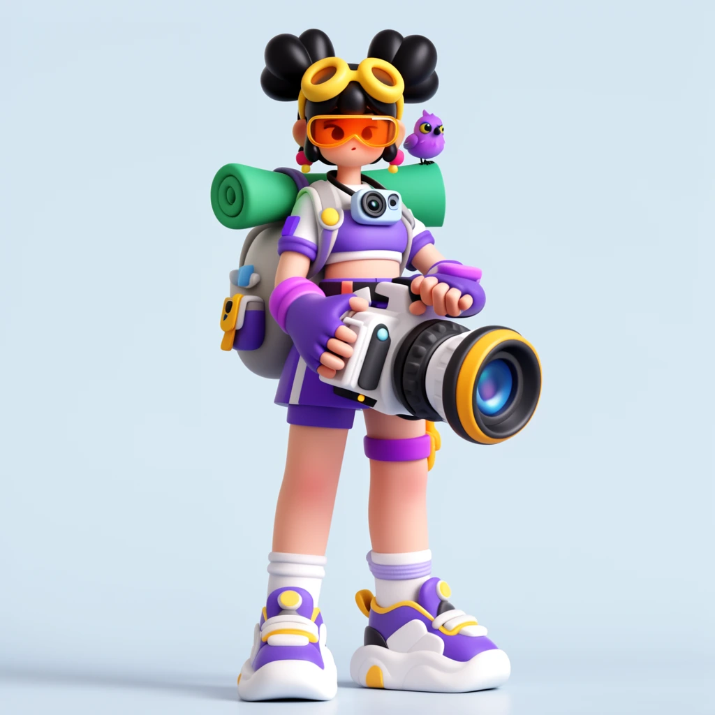 A stylized 3D render of a character with black double-bun hair, yellow goggles, and an orange visor against a pale blue backdrop. She wears a purple and white outfit with chunky sneakers, holding a massive sci-fi camera. Accessories include a backpack, a rolled green mat, a neck camera, and a tiny purple bird on her shoulder. The vibrant design features smooth, plastic-like textures and soft studio lighting typical of designer toys.