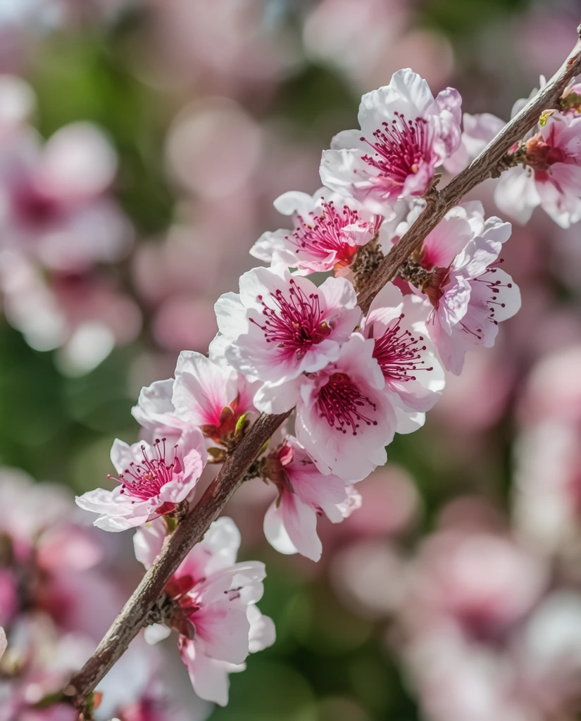 A macro photograph of a slender, textured brown branch angling diagonally, heavily adorned with blooming spring flowers. The blossoms feature delicate, translucent petals transitioning from soft white edges to vivid pink bases, with prominent deep magenta stamens clustering tightly in the center of each bloom. Bright natural sunlight illuminates the floral clusters, creating crisp highlights on the delicate textures. The background is rendered in a heavily blurred bokeh, composed of large, overlapping soft-focus circles in shades of dusty pink, muted verdant green, and bright white, isolating the sharp details of the foreground.