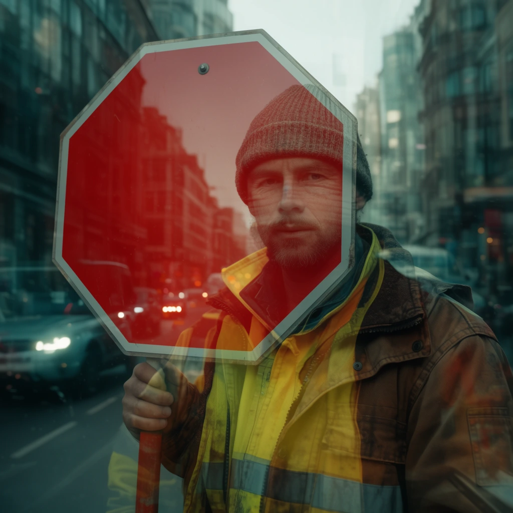 A cinematic double-exposure portrait of a man holding a large red octagonal sign. He wears a knit beanie and a layered brown jacket over yellow high-visibility workwear. A faint silhouette and reflections of a city street overlay his face and the sign. The blurred background features urban architecture and glowing car headlights. Shot at eye level with shallow depth of field, contrasting warm red and yellow tones against cool teal urban shadows.