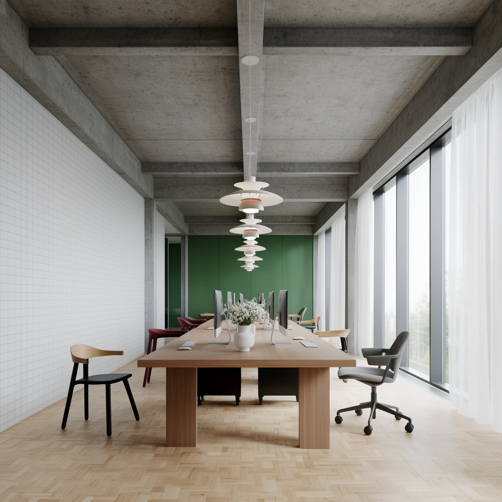 modern office interior, industrial design, exposed concrete ceiling and beams, long wooden desk in center, multiple computer monitors, modern minimalist chairs, black and wood chair, burgundy chair, grey office chair on casters, white vase with flowers on desk, series of tiered white pendant lights, green accent wall in background, white tiled wall on left, large floor-to-ceiling windows on right, sheer white curtains, light wood parquet flooring, natural daylight, photorealistic architectural rendering, wide angle perspective